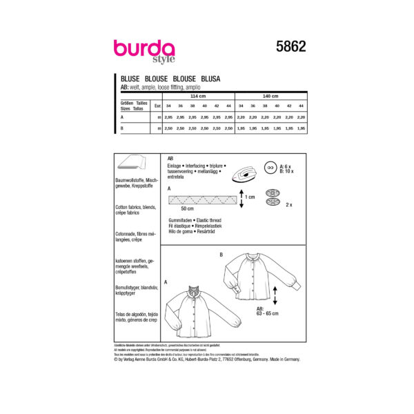 Burda Style Schnittmuster Nr. 5862 - Bluse - Raglanärmel und Halsblende – Bild 8