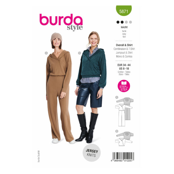 Burda Style Schnittmuster Nr. 5871 - Overall und Shirt - Hoody - Wickeleffekt