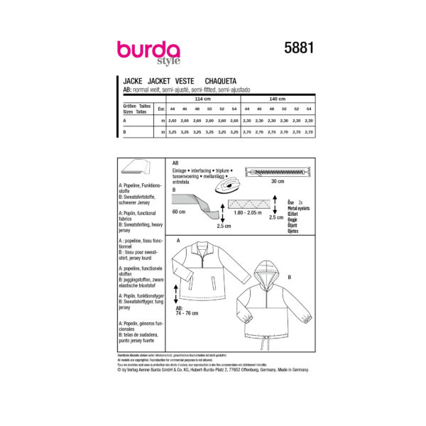 Burda Style Schnittmuster Nr. 5881 - Jacke - Kragen oder Kapuze - sportlich – Bild 8