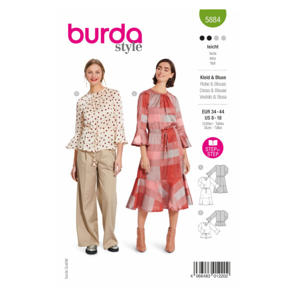Burda Style Schnittmuster Nr. 5884 - Kleid und Bluse - runder Halsausschnitt