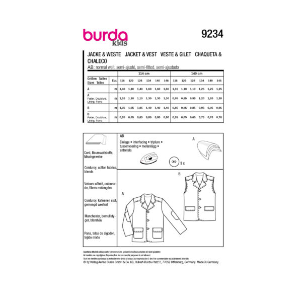 Burda Kids Schnittmuster Nr. 9234 - Weste und Jacke - Revers - Taschen – Bild 8