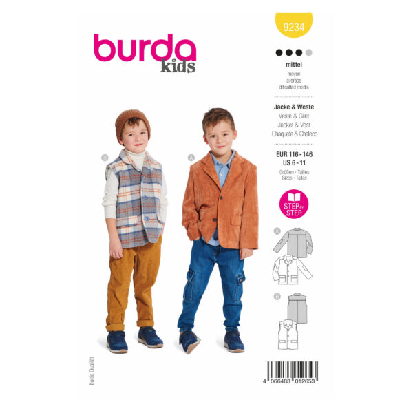 Burda Kids Schnittmuster Nr. 9234 - Weste und Jacke - Revers - Taschen