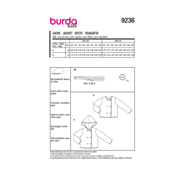 Burda Kids Schnittmuster Nr. 9236 - Jacke - mit und ohne Kapuze – Bild 6