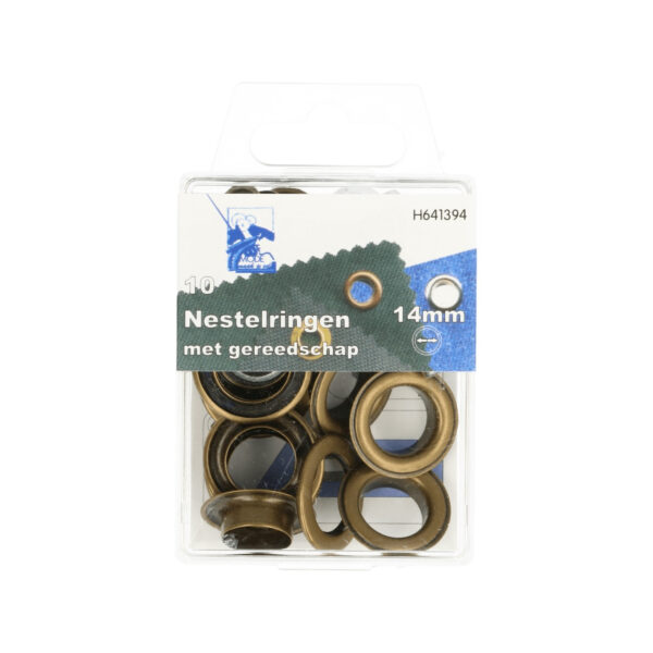 MMJZ - 10 Ösen 14mm mit Scheiben und Werkzeug - bronze