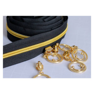 2.16EUR/m -  2,5m endlos Reißverschluss schwarz, metallisierte Zahnung, 5mm  + 4 Zipper Smiley gold