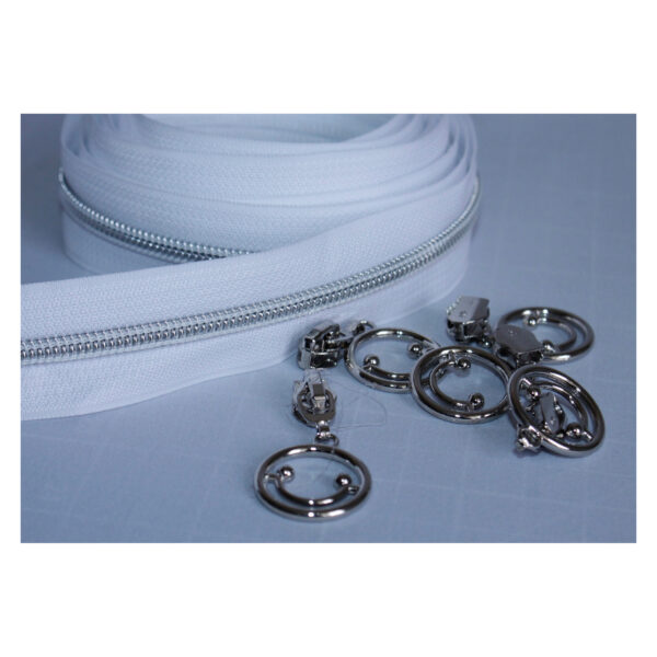 2.16EUR/m -  2,5m endlos Reißverschluss weiß, metallisierte Zahnung, 5mm  + 4 Zipper Smiley silber