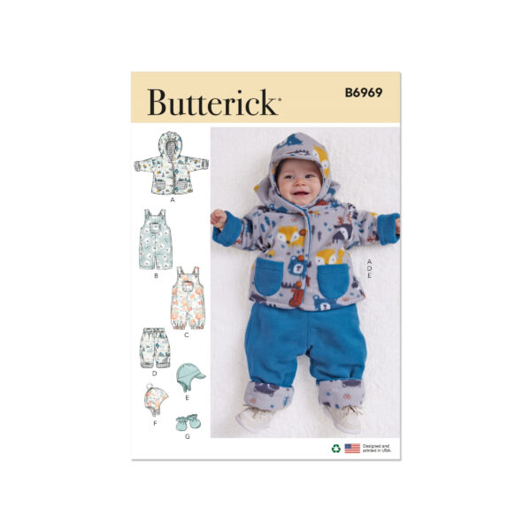 Butterick Schnittmuster - B6969 - Kombination Baby - Jacke, Latzhose, Hose, Mützen, usw.