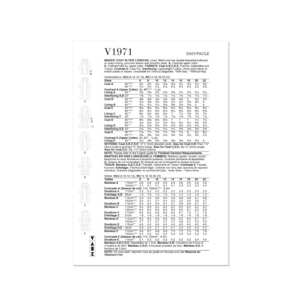 Vogue Schnittmuster V1971 - eleganter Damenmantel mit Reverskragen – Bild 7