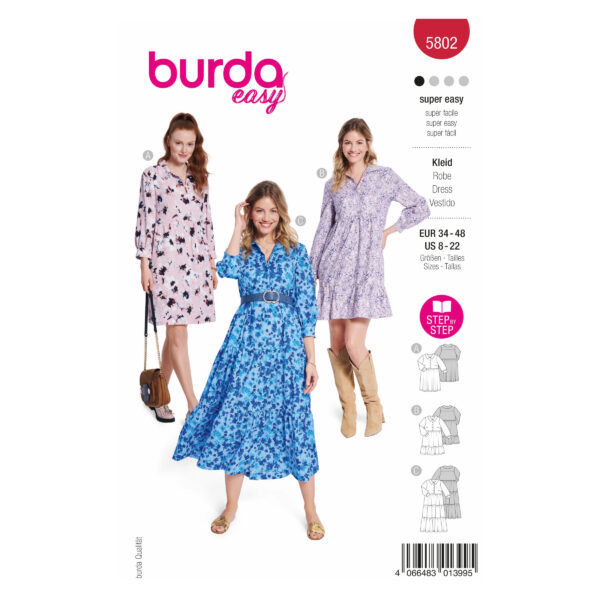 Burda Easy Schnittmuster Nr. 5802 - Kleid - Hemdblusenkleid - 3 Varianten