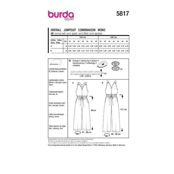 Burda Style Schnittmuster Nr. 5817 - Overall - V-Ausschnitt - 2 Varianten – Bild 9