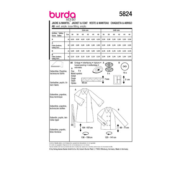 Burda Style Schnittmuster Nr. 5824 - Mantel + Jacke - Gürtel - zwei Knopfreihen – Bild 9