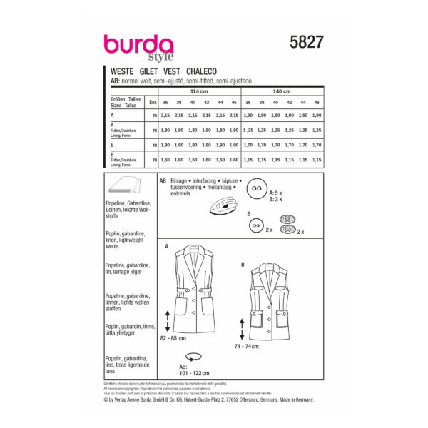 Burda Style Schnittmuster Nr. 5827 - Weste - langgezogenes Revers - 2 Varianten – Bild 9