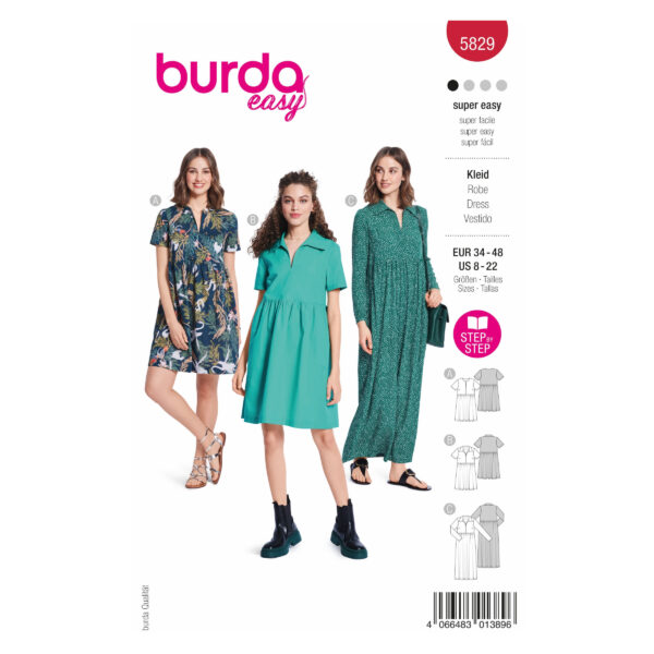 Burda Easy Schnittmuster Nr. 5829 - Kleid - Mini, knielang, Maxi - 3 Varianten