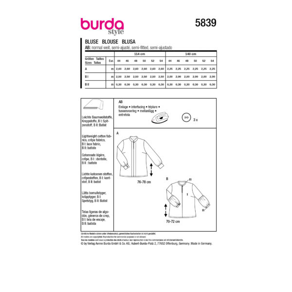 Burda Style Schnittmuster Nr. 5839 - Bluse - Stehkragen - 2 Varianten – Bild 8