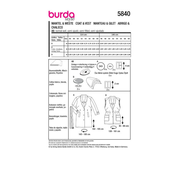 Burda Style Schnittmuster Nr. 5840 - Mantel + Weste - Trenchcoat - Bindegürtel – Bild 9