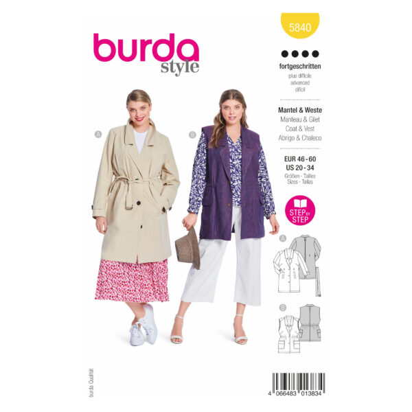 Burda Style Schnittmuster Nr. 5840 - Mantel + Weste - Trenchcoat - Bindegürtel