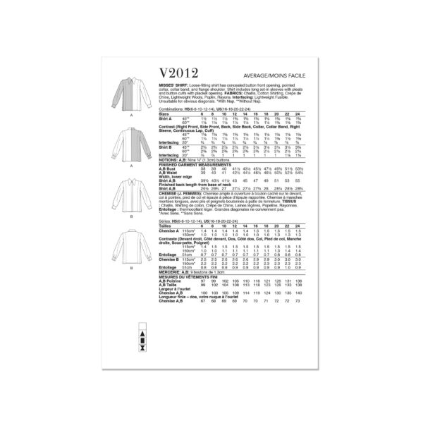 Vogue Schnittmuster V2012 - schlichte Hemdbluse mit verbreiterter Schulter – Bild 9
