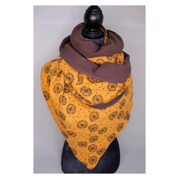 XXL Tuch - Maxituch, Dreieckstuch - Musselin - Senf/Braun - Pusteblume - doppellagig - 2,40m x 1,50m