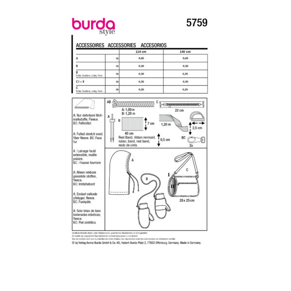 Burda Style Schnittmuster Nr. 5759 - Accessoires - Haube - Muff - Handschuhe – Bild 10