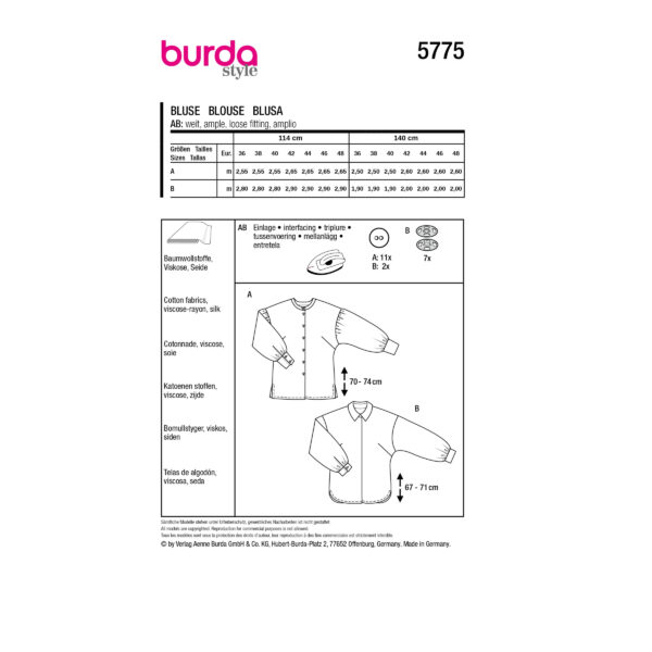 Burda Style Schnittmuster Nr. 5775 - Bluse - gekräuselte Ärmel - kleiner Kragen – Bild 9