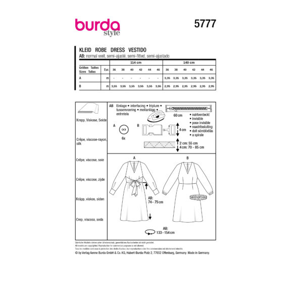 Burda Style Schnittmuster Nr. 5777 - Kleid - V-Ausschnitt - Gürtel - Bindeband – Bild 9