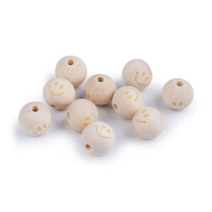 10 Holzperlen - Holzkugeln - 20 mm - rund - mit Smiley - nicht lasiert