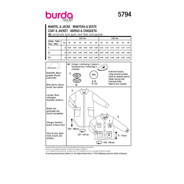 Burda Style Schnittmuster Nr. 5794 - Mantel und Jacke - aufgesetzte Taschen – Bild 7