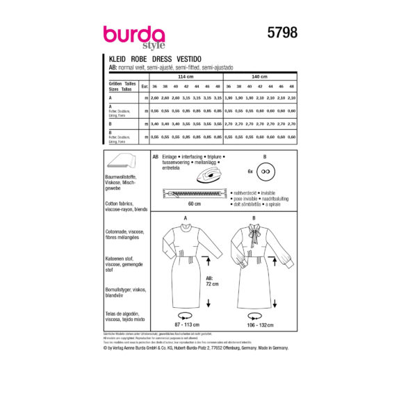 Burda Style Schnittmuster Nr. 5798 - Kleid - 2 Kragen- und Ärmelvarianten – Bild 8