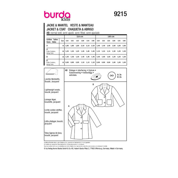 Burda Kids Schnittmuster Nr. 9215 - Mantel und Jacke - Reverskragen - Klappentasche – Bild 5
