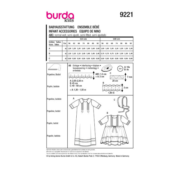 Burda Kids Schnittmuster Nr. 9221 - Babyausstattung - Taufkleid - Mütze – Bild 5