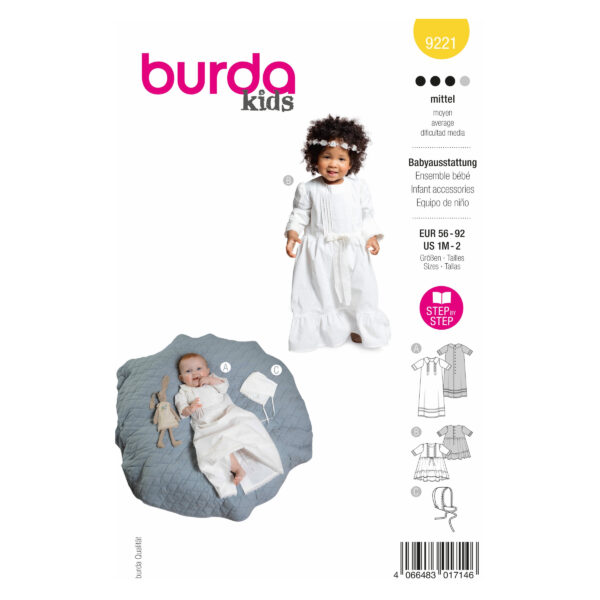Burda Kids Schnittmuster Nr. 9221 - Babyausstattung - Taufkleid - Mütze