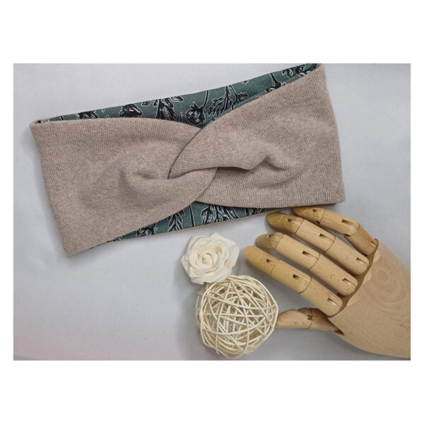 Kuscheliges warmes Stirnband - Haarband - Strickstoff mit French Terry gefüttert - Beige, Grün