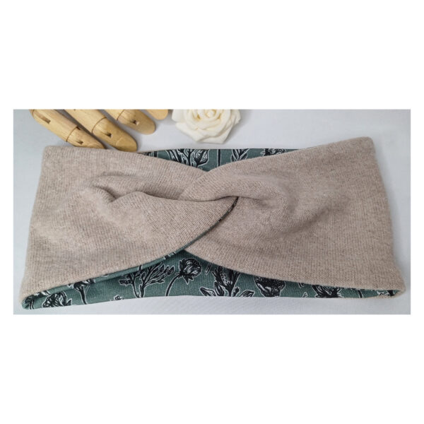 Kuscheliges warmes Stirnband - Haarband - Strickstoff mit French Terry gefüttert - Beige, Grün – Bild 3