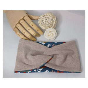 Kuscheliges warmes Stirnband - Haarband, Kinder - Strickstoff mit French Terry gefüttert - Beige, blau