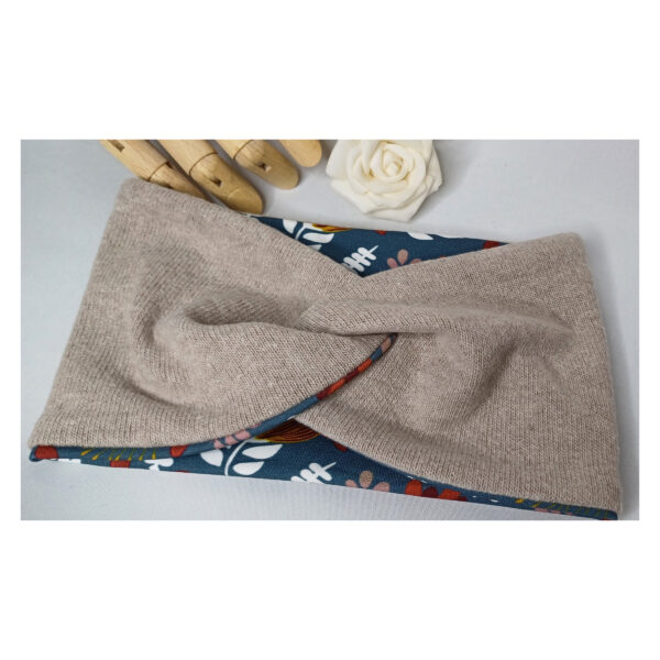 Kuscheliges warmes Stirnband - Haarband, Kinder - Strickstoff mit French Terry gefüttert - Beige, blau – Bild 3