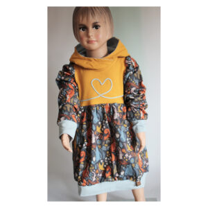Ballonkleid Mädchen Gr. 116 – Mitwachskleid mit Kapuze „Tiere im Wald“ – Handmade Kinderkleid