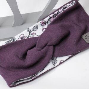 Kuscheliges warmes Stirnband - Haarband - Strickstoff mit Jersey gefüttert - Brombeere / Kirschblüte