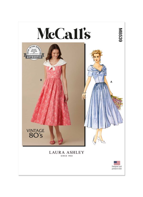 McCalls Schnittmuster M8539 - Vintage - elegantes Sommerkleid mit Schleifenkragen, Stil der 80 er Jahre