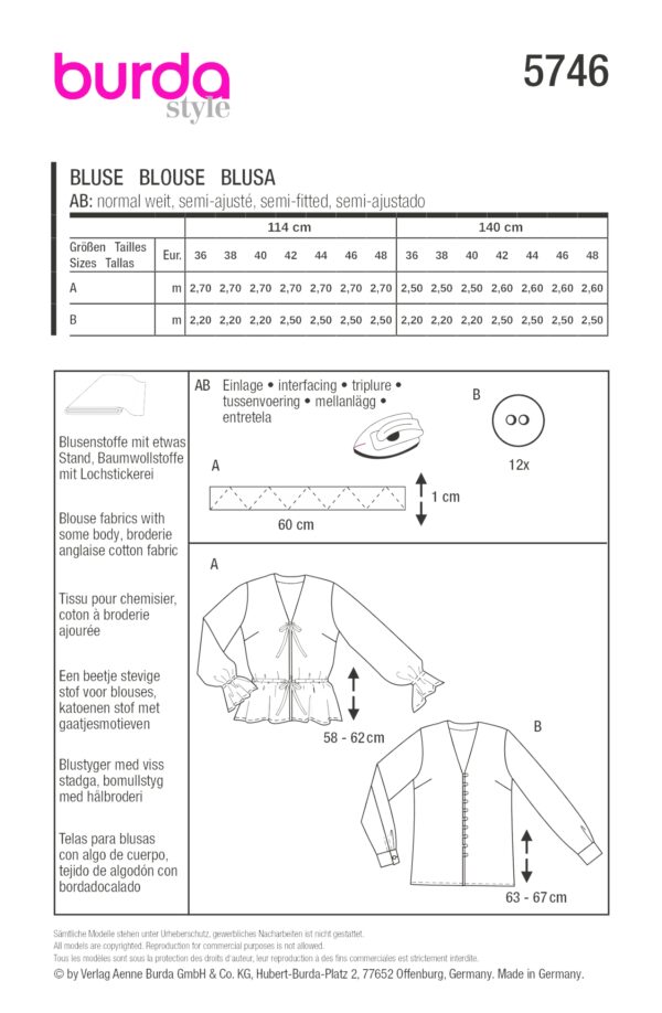 Burda Style Schnittmuster Nr. 5746 - Bluse - V-Ausschnitt - Bindebänder – Bild 9