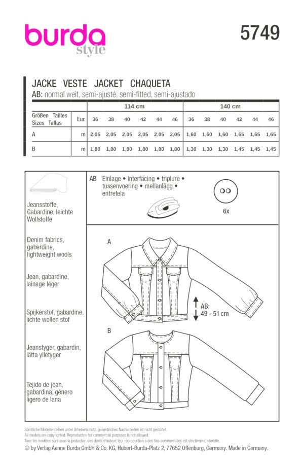 Burda Style Schnittmuster Nr. 5749 - Jacke - kurz - klassische Jeansjacke – Bild 9