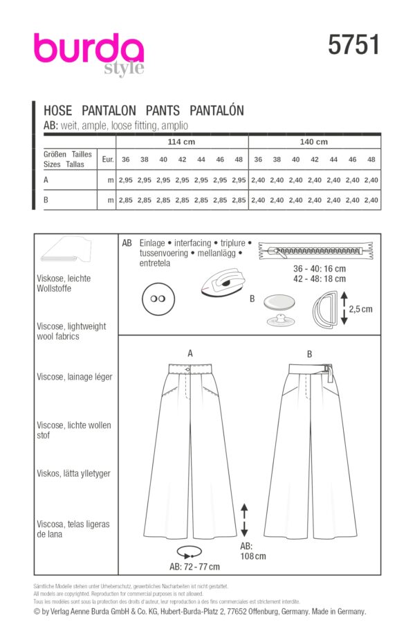 Burda Style Schnittmuster Nr. 5751 - Hose - weites Bein - Bundfalten – Bild 9