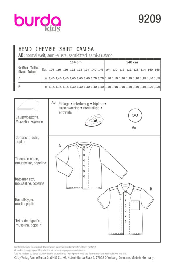 Burda Kids Schnittmuster Nr. 9209 - Hemd - Stehkragen oder Klappkragen – Bild 7