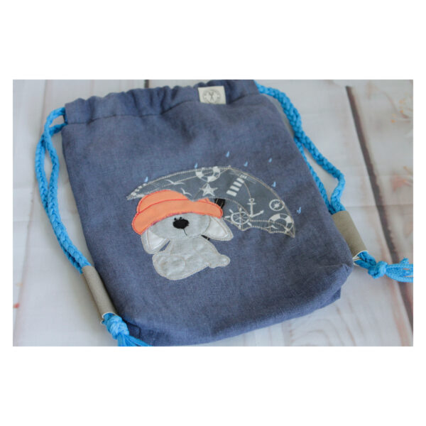 1 einzigartiger Kinderrucksack - Turnbeutel - Wanderbeutel - Leinen - Blau - Bär mit Regenschirm – Bild 2