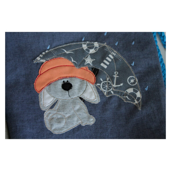 1 einzigartiger Kinderrucksack - Turnbeutel - Wanderbeutel - Leinen - Blau - Bär mit Regenschirm – Bild 3