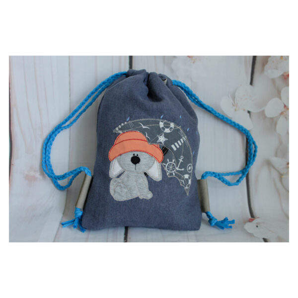 1 einzigartiger Kinderrucksack - Turnbeutel - Wanderbeutel - Leinen - Blau - Bär mit Regenschirm – Bild 5