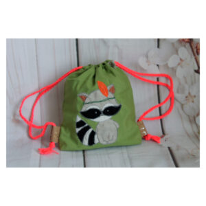 1 einzigartiger Kinderrucksack - Turnbeutel - Wanderbeutel - Dekostoff - Hellgrün - Waschbär
