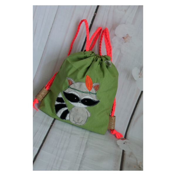 1 einzigartiger Kinderrucksack - Turnbeutel - Wanderbeutel - Dekostoff - Hellgrün - Waschbär – Bild 7