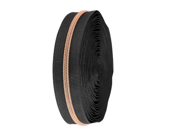 1.07EUR/m -  5 m endlos Reißverschluss schwarz, metallisierte Zahnung rosagold, 5mm  + 10 Zipper schwarz – Bild 3