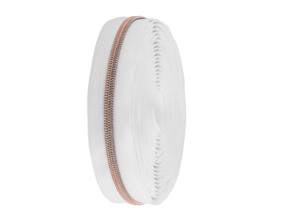 1.07EUR/m -  5 m endlos Reißverschluss weiß, metallisierte Zahnung rosagold, 5mm  + 10 Zipper weiß – Bild 3