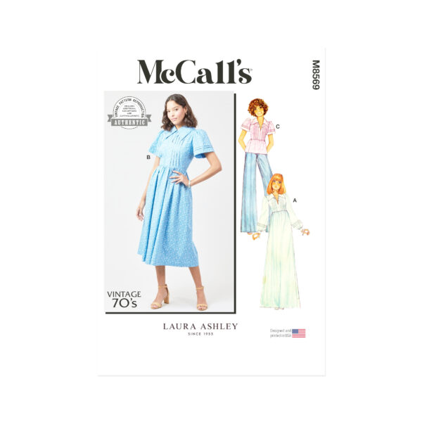 McCall’s Schnittmuster M8569, vintage kleid, bluse mit biesen, im stil der 70er jahre